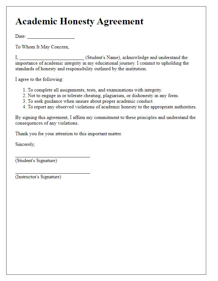 Letter template of academic honesty agreement