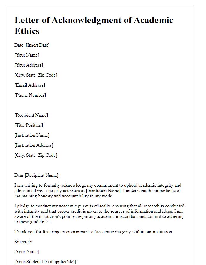 Letter template of acknowledgment of academic ethics