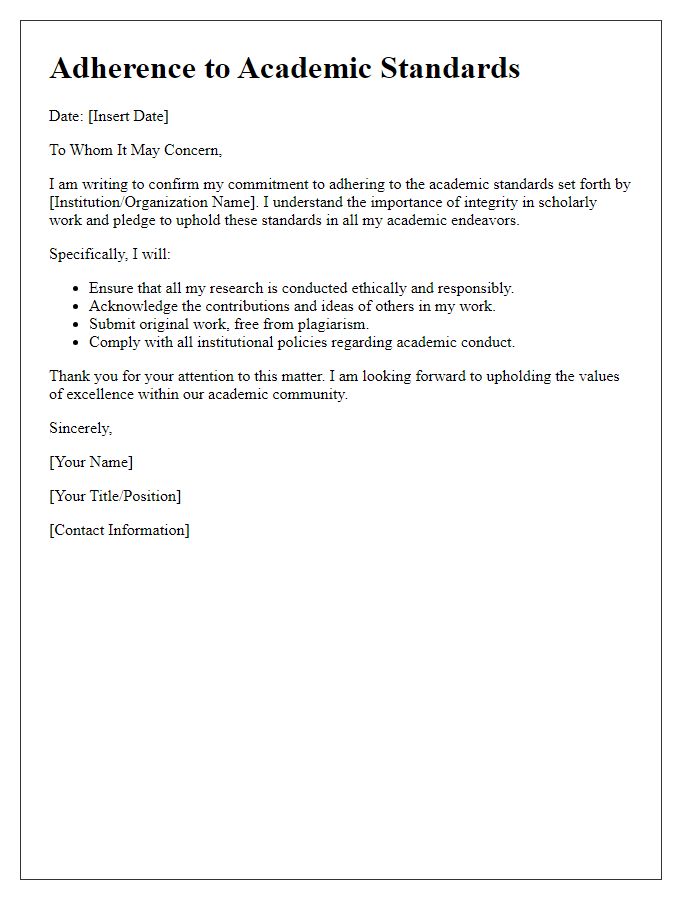 Letter template of adherence to academic standards