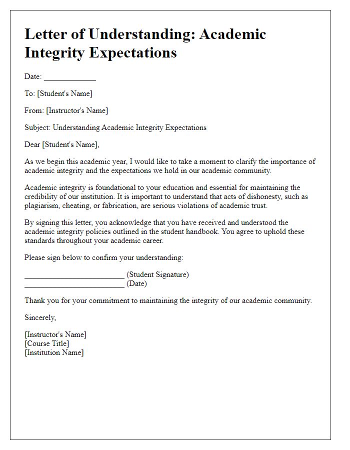 Letter template of understanding academic integrity expectations