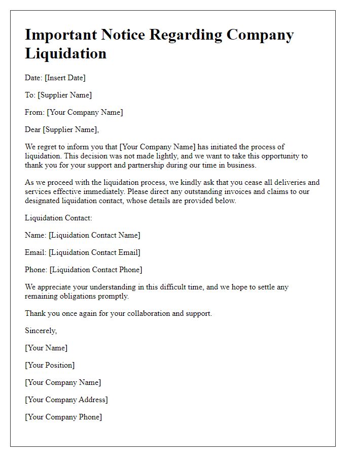 Letter template of advisory communication for suppliers about company liquidation.