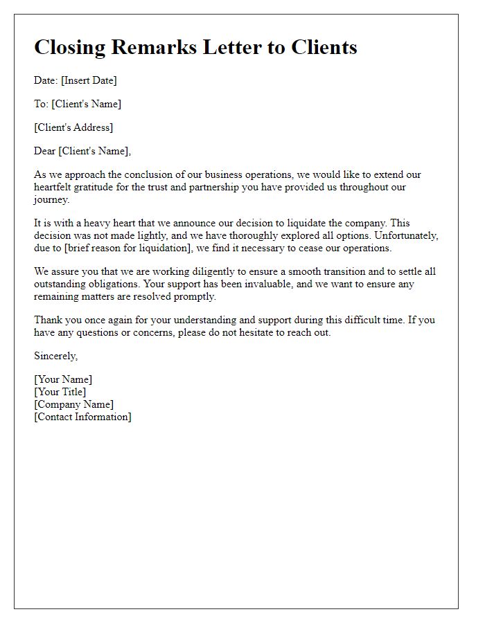 Letter template of closing remarks for clients regarding company liquidation.