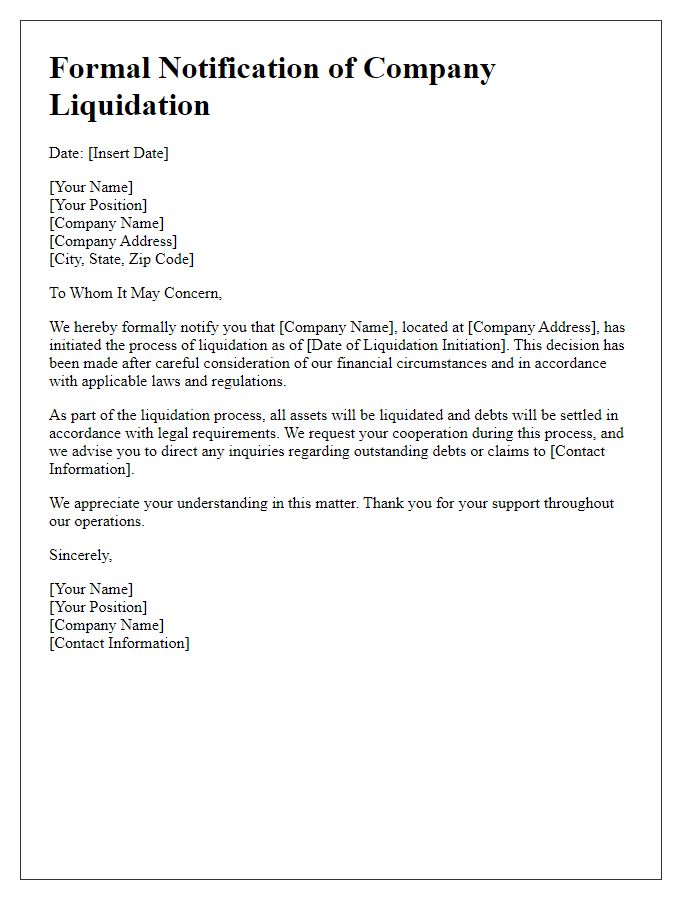 Letter template of formal notification regarding company liquidation.