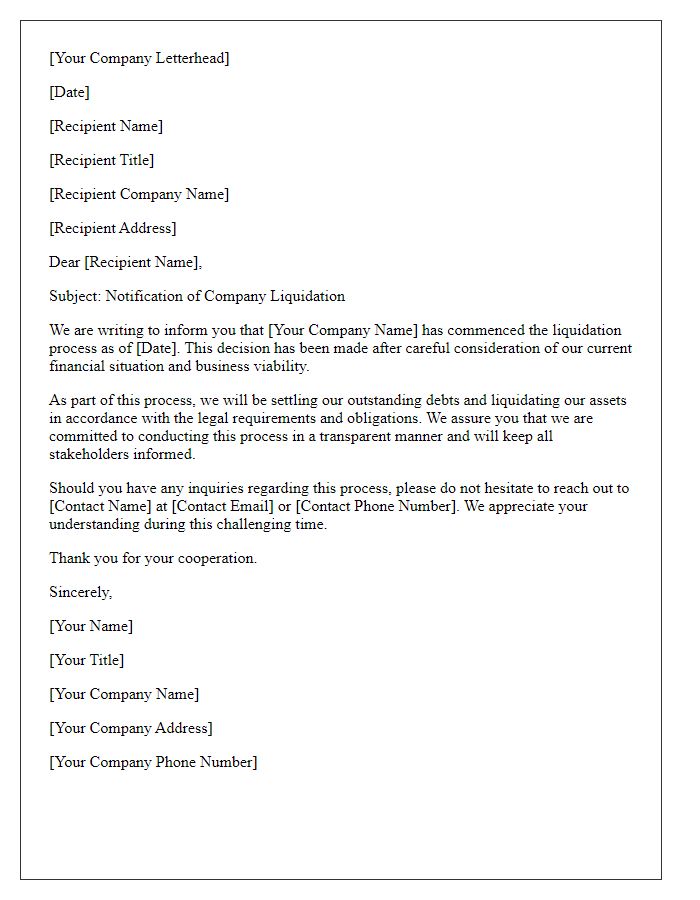 Letter template of official letter concerning company liquidation process.