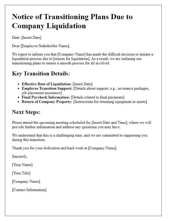 Letter template of transitioning plans associated with company liquidation.