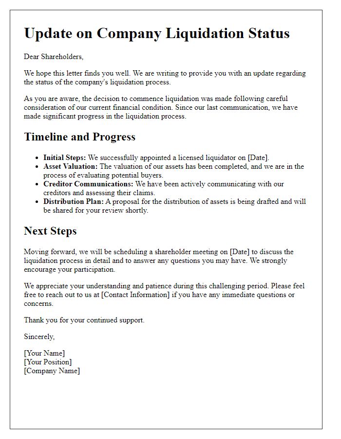 Letter template of update for shareholders on company liquidation status.