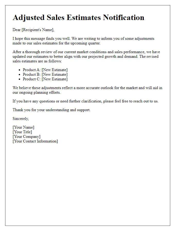 Letter template of adjusted sales estimates communication