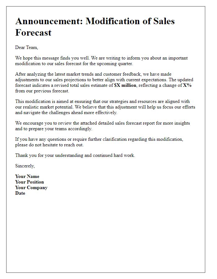 Letter template of sales forecast modification announcement