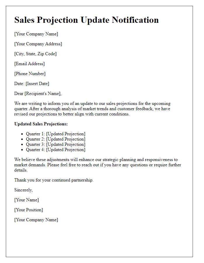 Letter template of updated sales projection notification