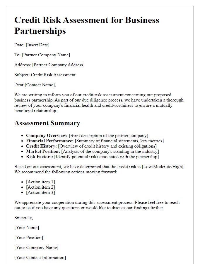 Letter template of credit risk assessment for business partnerships.