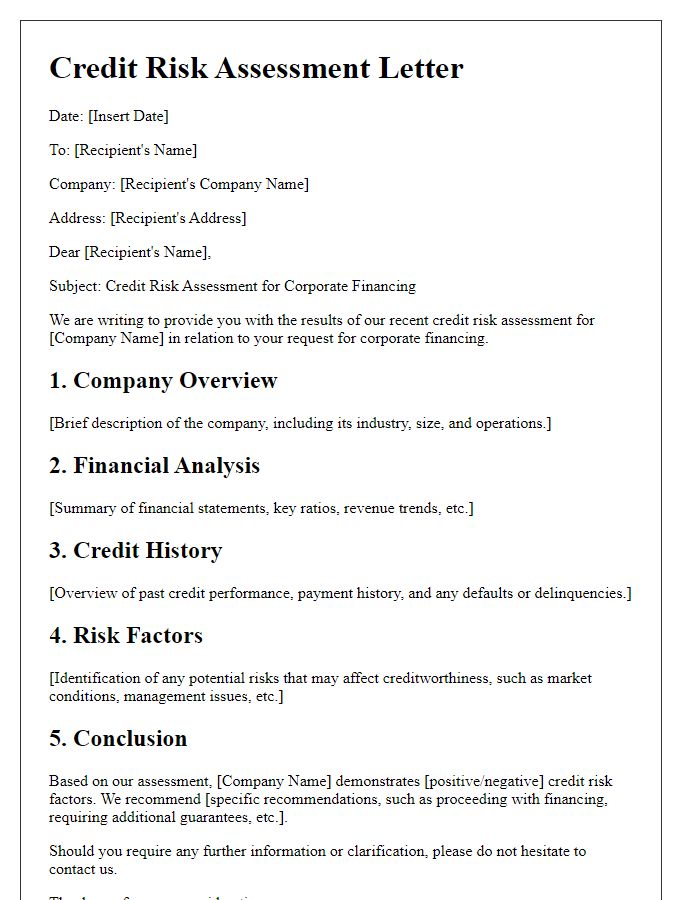 Letter template of credit risk assessment for corporate financing.