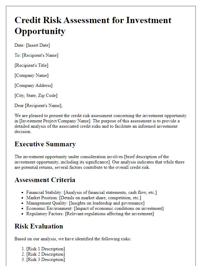 Letter template of credit risk assessment for investment opportunities.