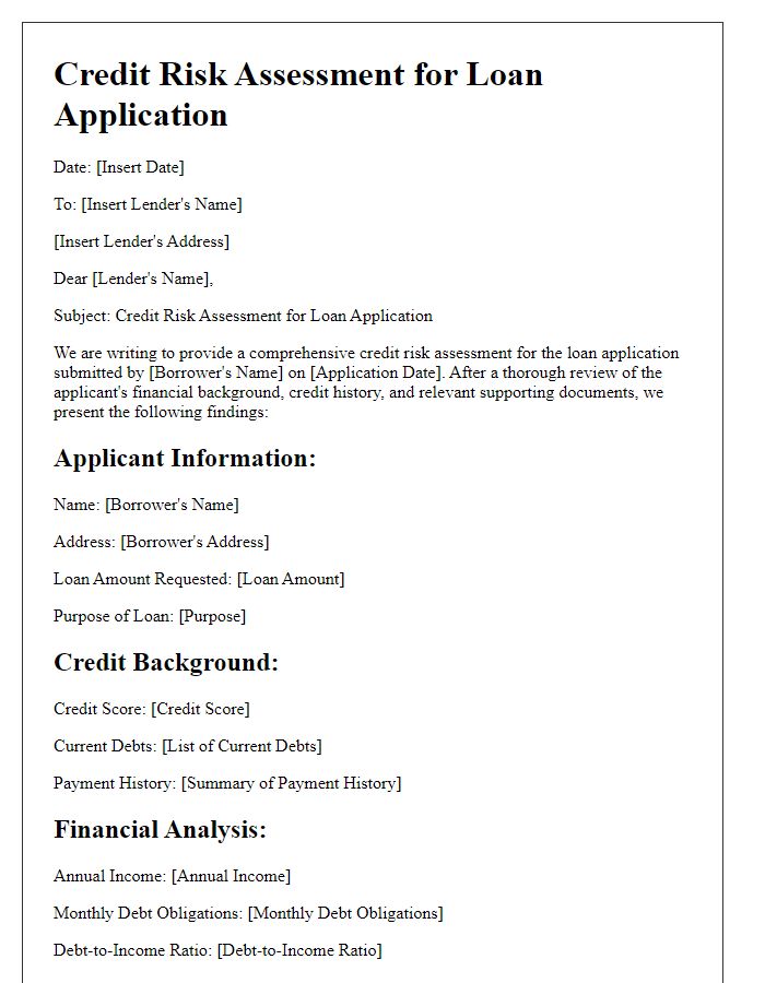 Letter template of credit risk assessment for loan applications.