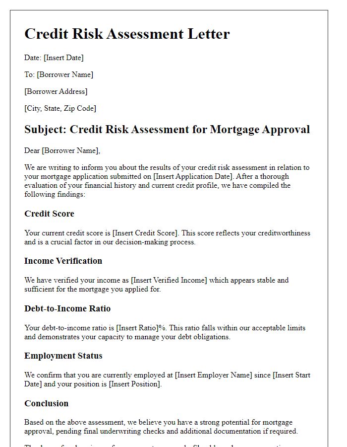 Letter template of credit risk assessment for mortgage approvals.