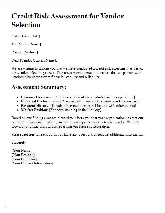 Letter template of credit risk assessment for vendor selection.