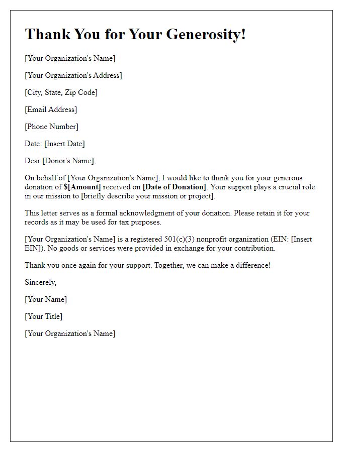 Letter template of charitable donation tax deduction acknowledgment for individual donors.