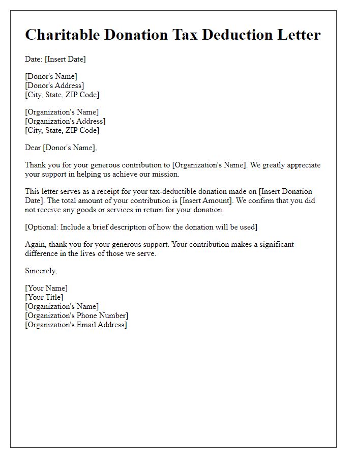 Letter template of charitable donation tax deduction for end-of-year contributions.