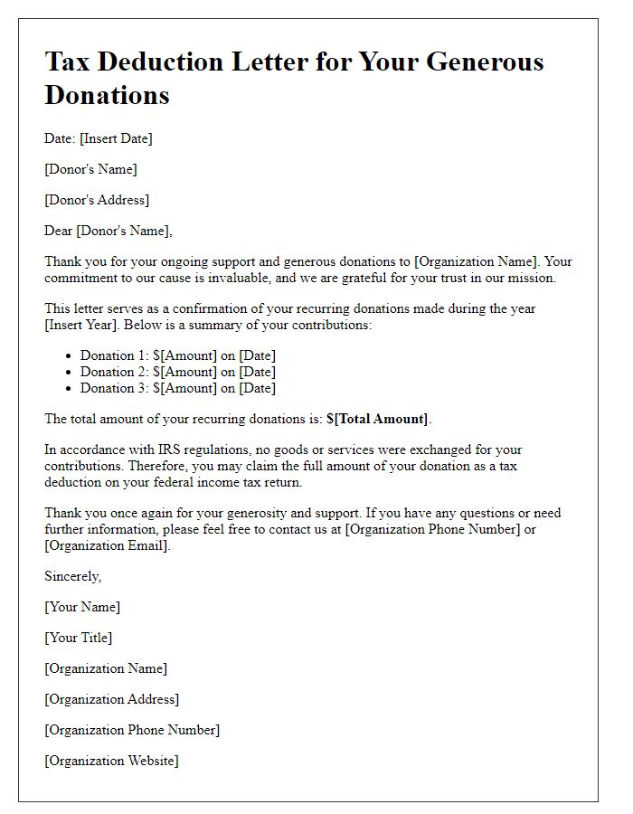 Letter template of charitable donation tax deduction for recurring donations.