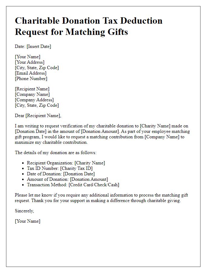 Letter template of charitable donation tax deduction request for matching gifts.