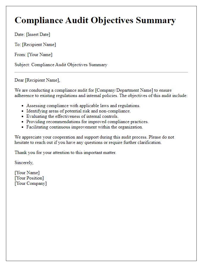 Letter template of compliance audit objectives summary