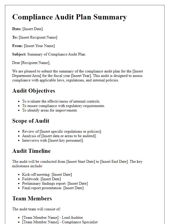 Letter template of compliance audit plan summary