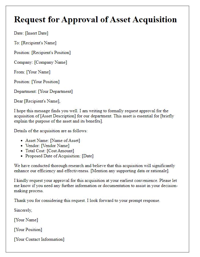 Letter template of approval request for asset acquisition