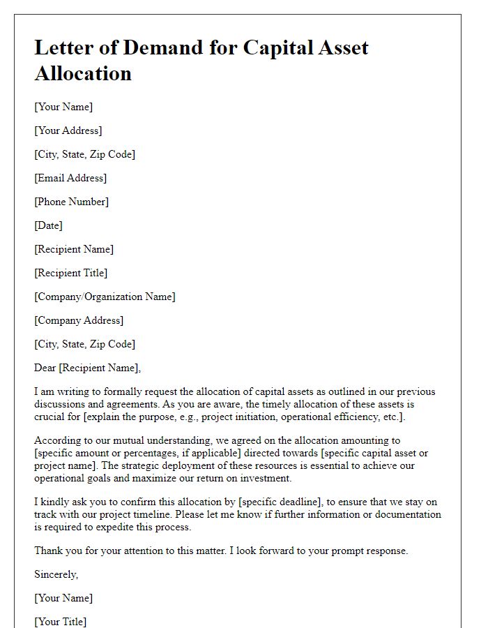 Letter template of demand for capital asset allocation