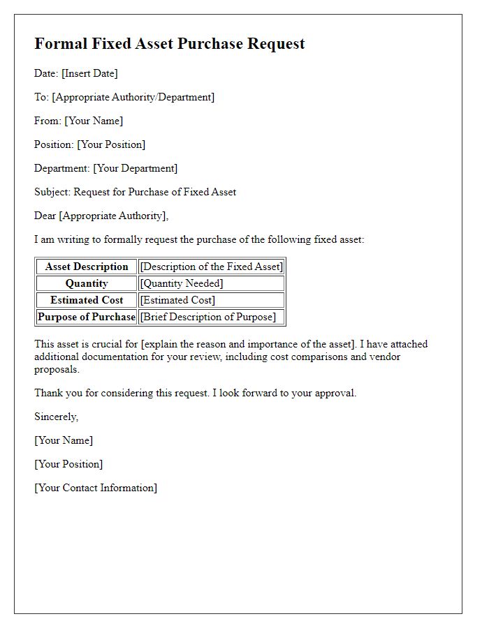 Letter template of formal fixed asset purchase request