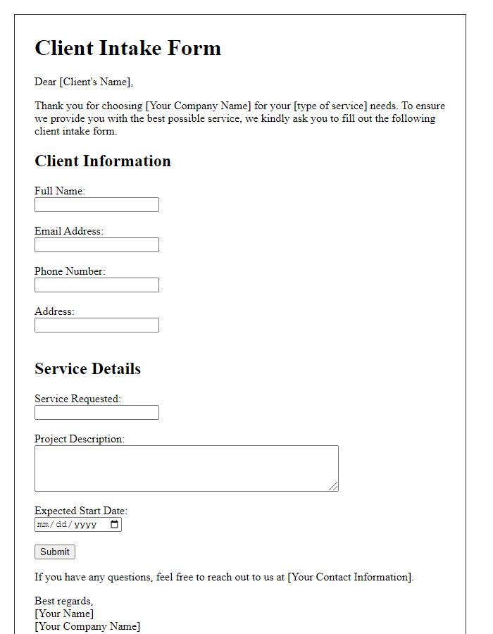 Letter template of client intake form for service onboarding.