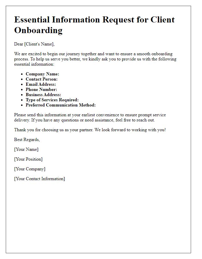 Letter template of essential information request for client onboarding.