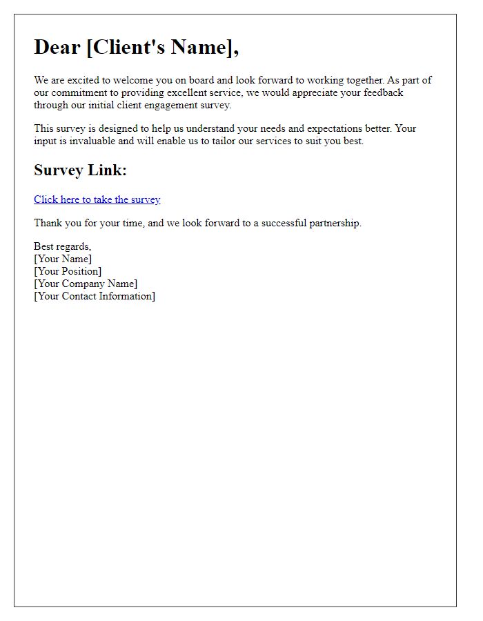Letter template of initial client engagement survey for onboarding.