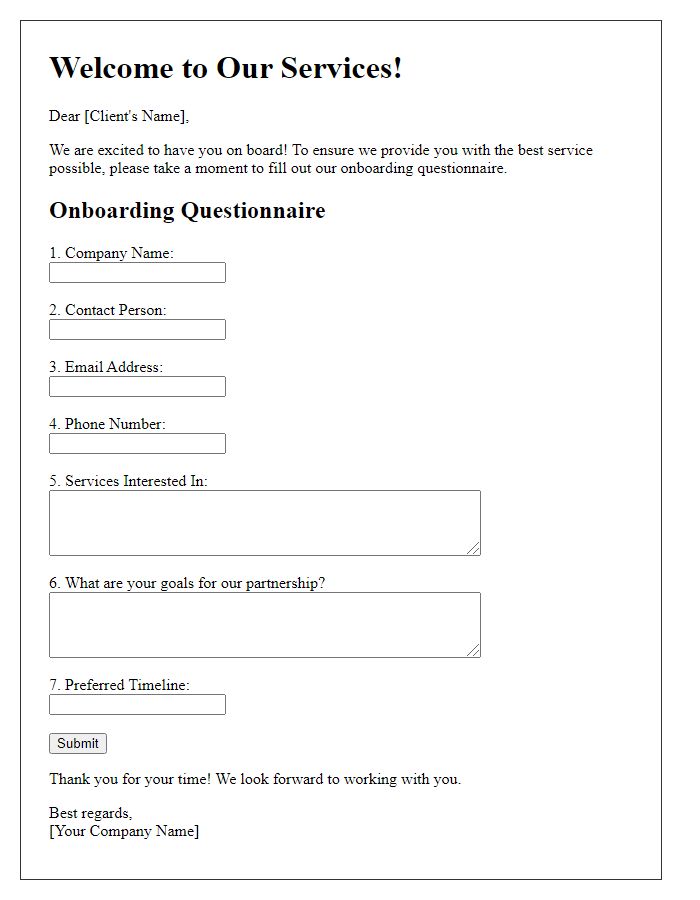 Letter template of onboarding questionnaire for new clients.