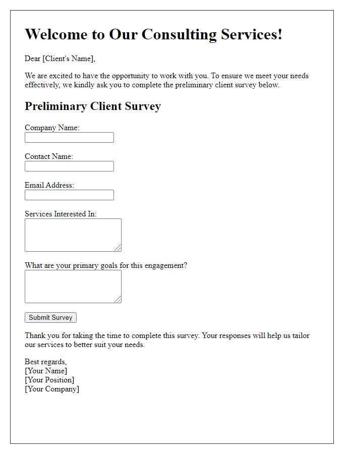 Letter template of preliminary client survey for onboarding.