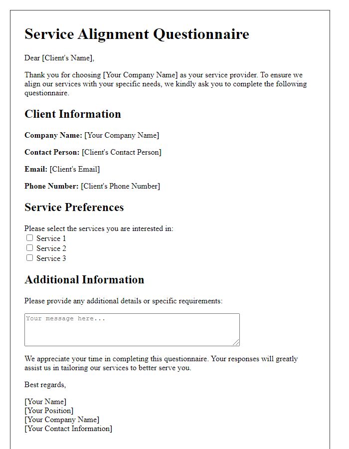 Letter template of service alignment questionnaire for new clients.