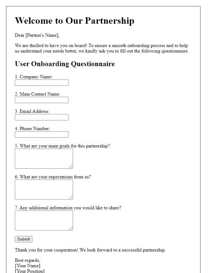 Letter template of user onboarding questionnaire for new partnerships.