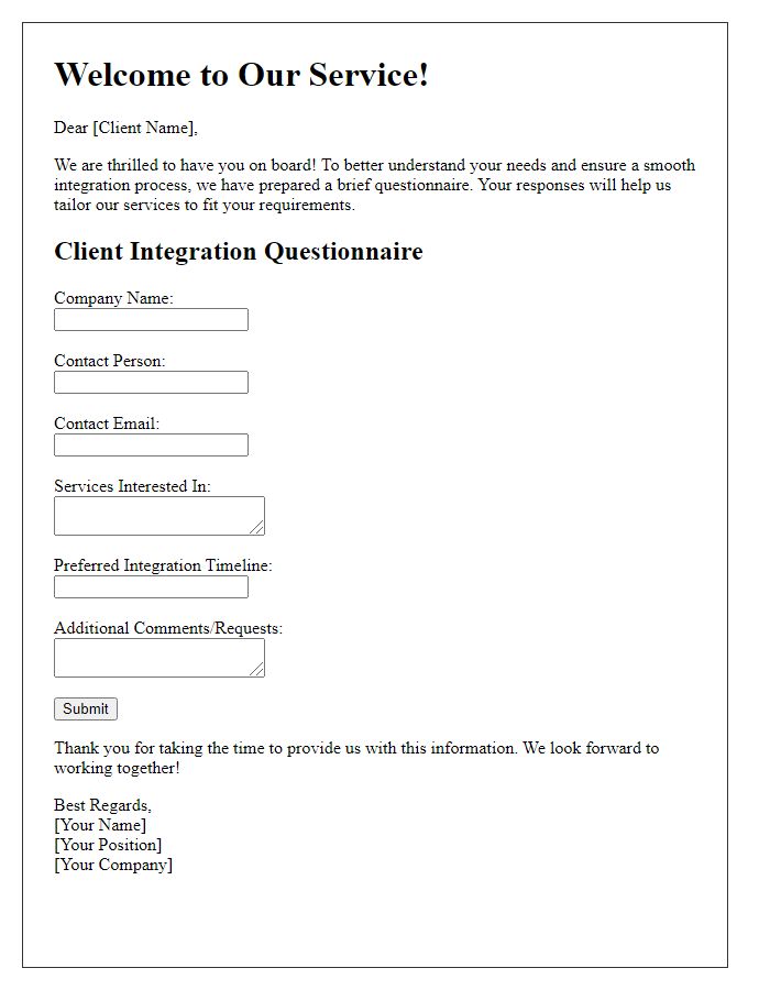 Letter template of welcome questionnaire for client integration.