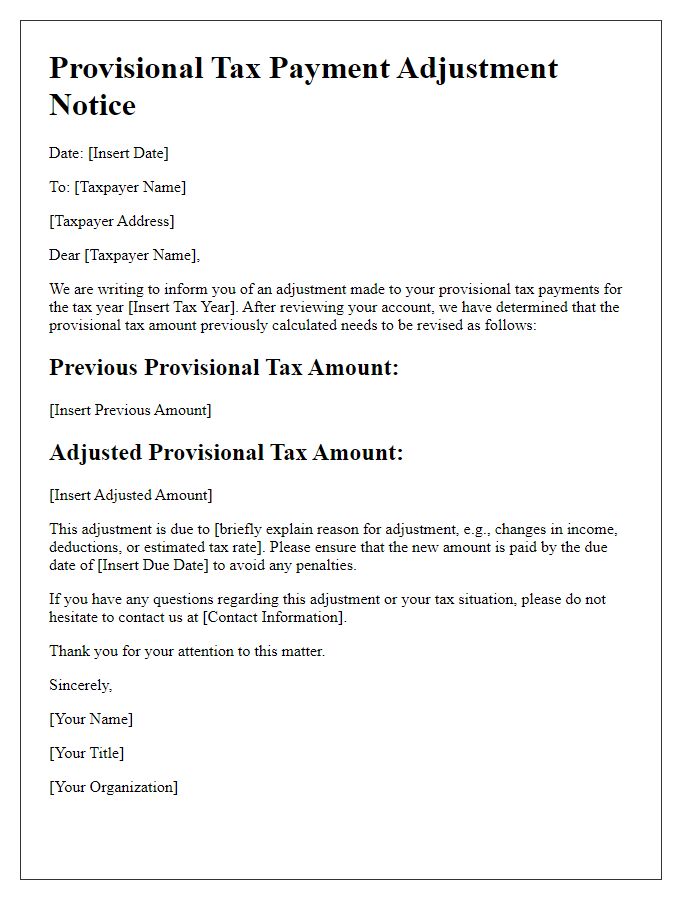 Letter template of provisional tax payment adjustment notice.