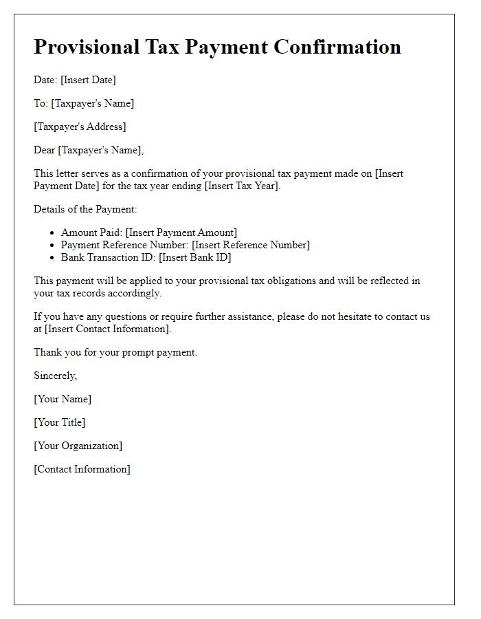 Letter template of provisional tax payment confirmation.