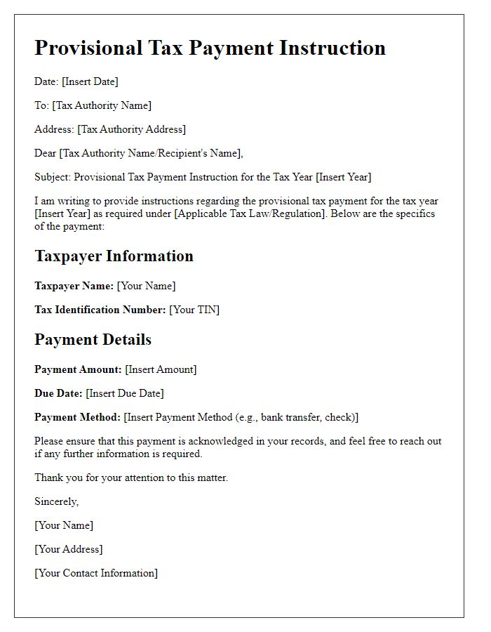 Letter template of provisional tax payment instruction.