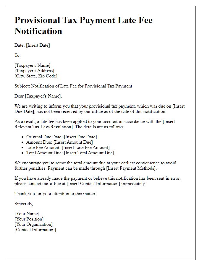 Letter template of provisional tax payment late fee notification.