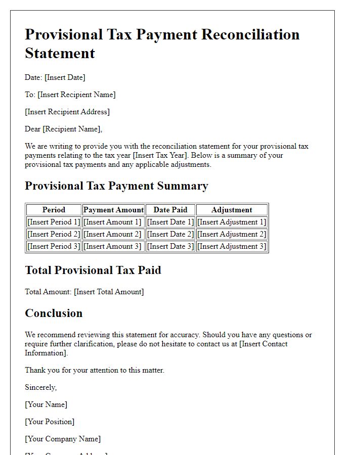 Letter template of provisional tax payment reconciliation statement.