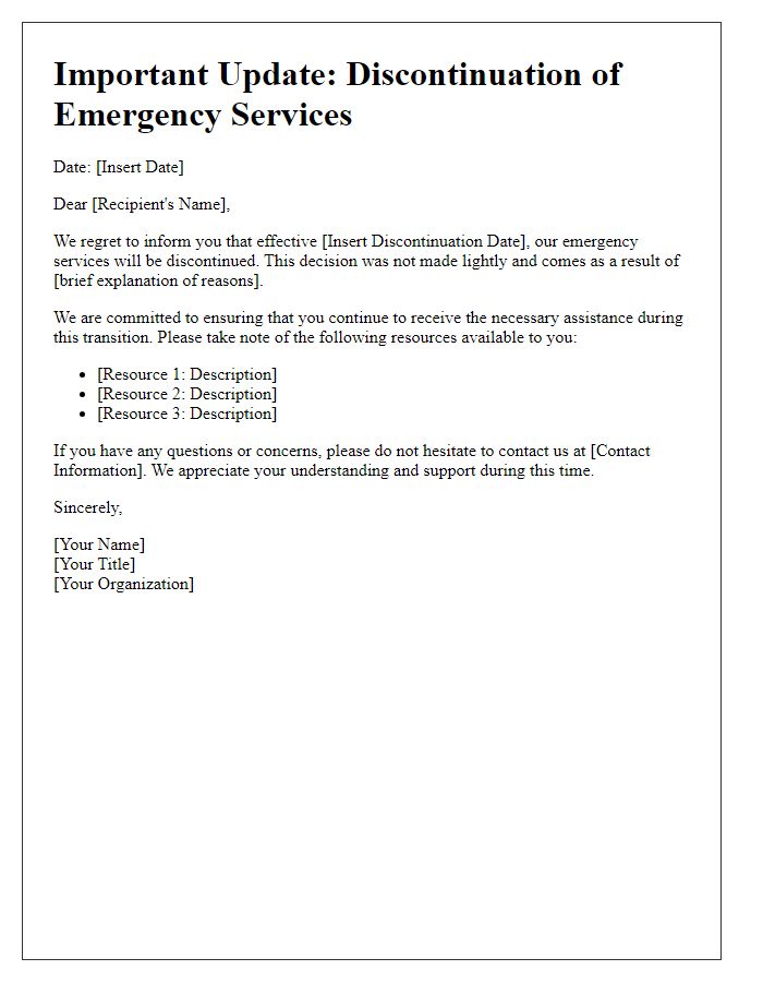 Letter template of emergency service discontinuation update