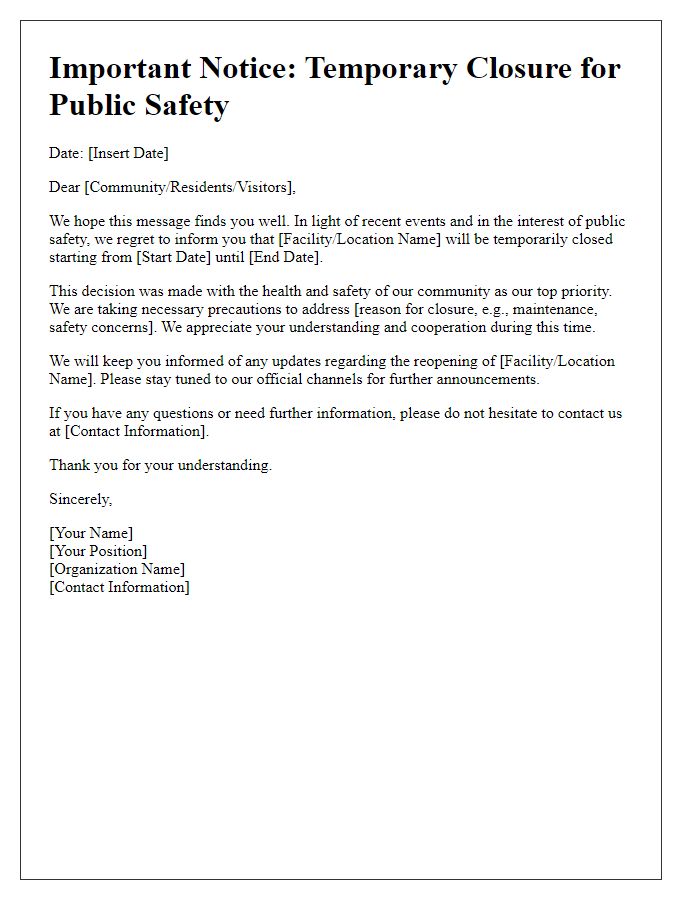 Letter template of essential closure announcement for public safety