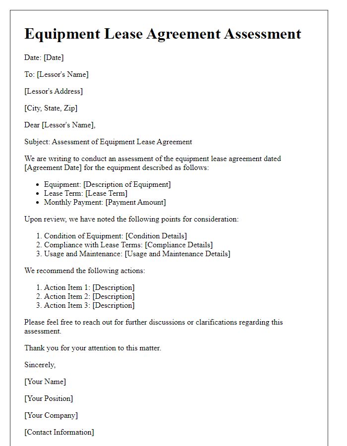 Letter template of equipment lease agreement assessment