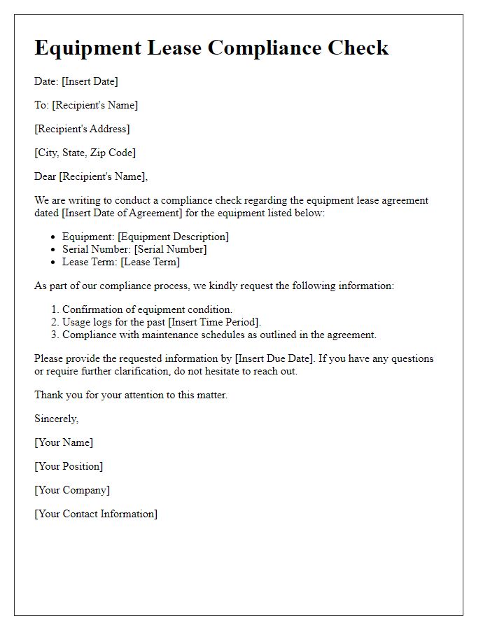 Letter template of equipment lease compliance check