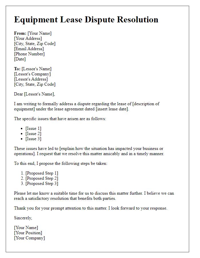 Letter template of equipment lease dispute resolution