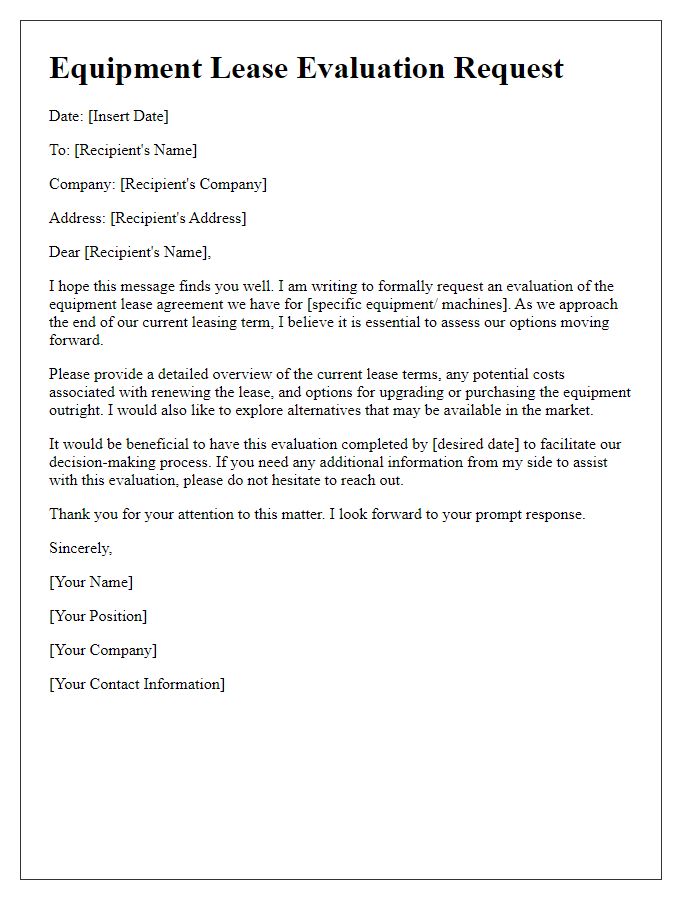 Letter template of equipment lease evaluation request