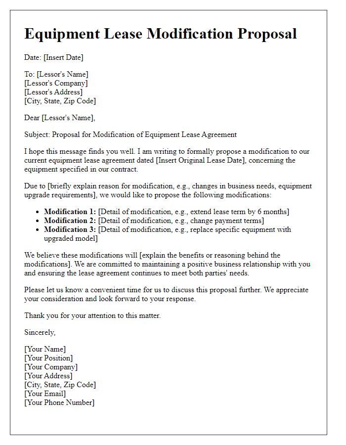 Letter template of equipment lease modification proposal