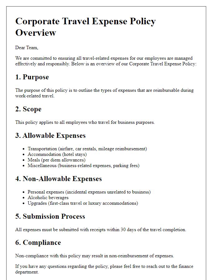 Letter template of corporate travel expense policy overview