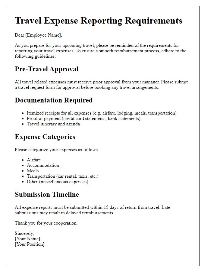 Letter template of employee travel expense reporting requirements